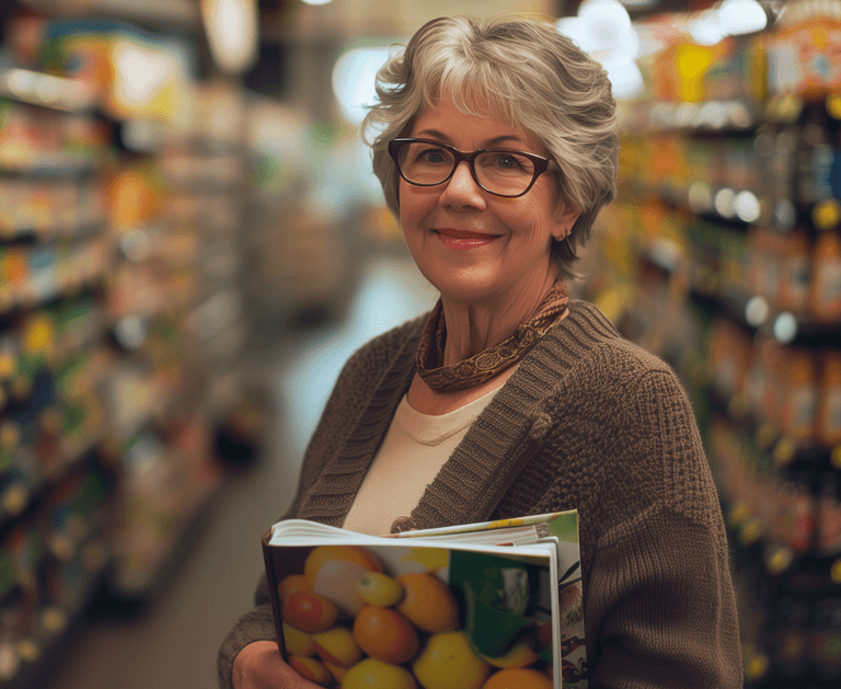 Emily on a grocery store holding a recipe book